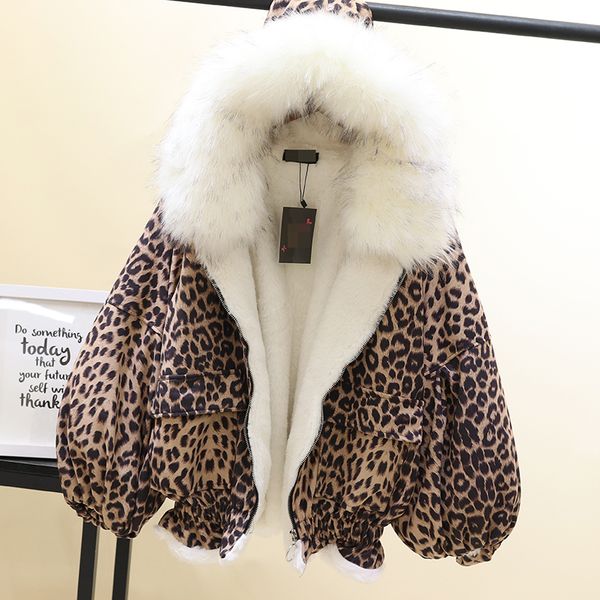 

2019 winter new big hairy collar hooded cotton-padded jacket women plus velvet thick leopard print cotton coat woman warm coats, Black