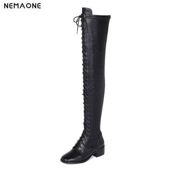 

nemaone new lace up night club shoes woman square toe low heels women over the knee boots genuine leather party shoes, Black