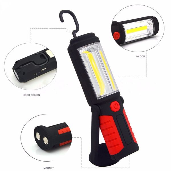 

powerful portable cob led flashlight magnetic rechargeable work light 360 degree stand hanging torch lamp for work