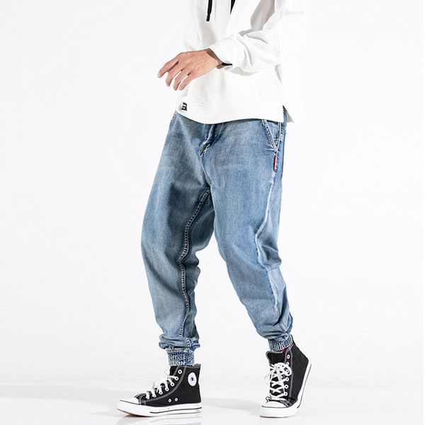 

fashion streetwear men jeans blue spliced designer loose fit denim cargo pants harem jeans streetwear hip hop men joggers