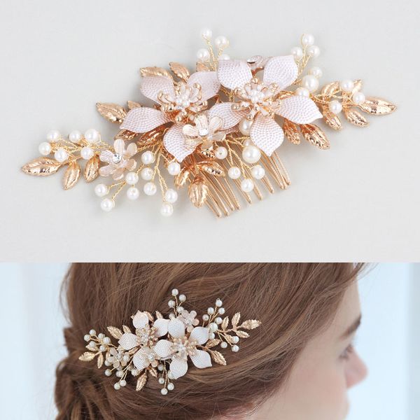 

slbridal handmade wired rhinestones crystals pearls flower leaf wedding hair comb bridal headpiece hair accessories bridesmaids, Golden;white