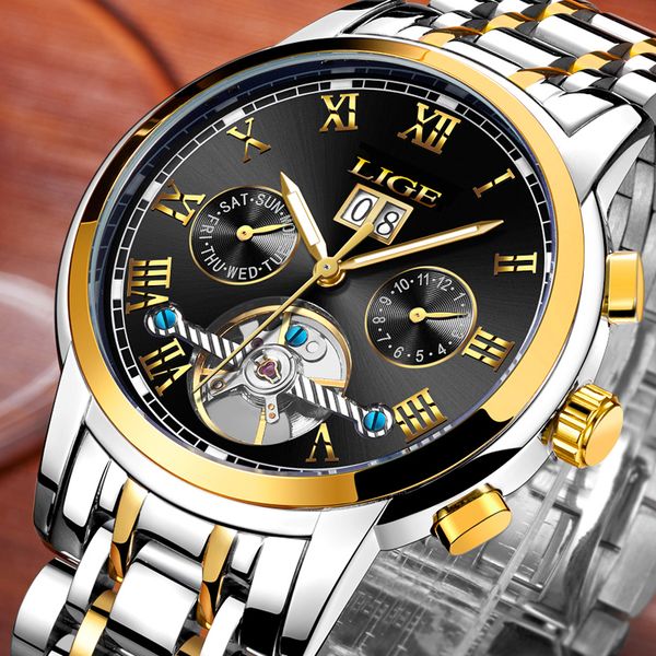 

lige mens watches luxury brand automatic mechanical watch men full steel business waterproof sport watches relogio masculino ly191226, Slivery;brown