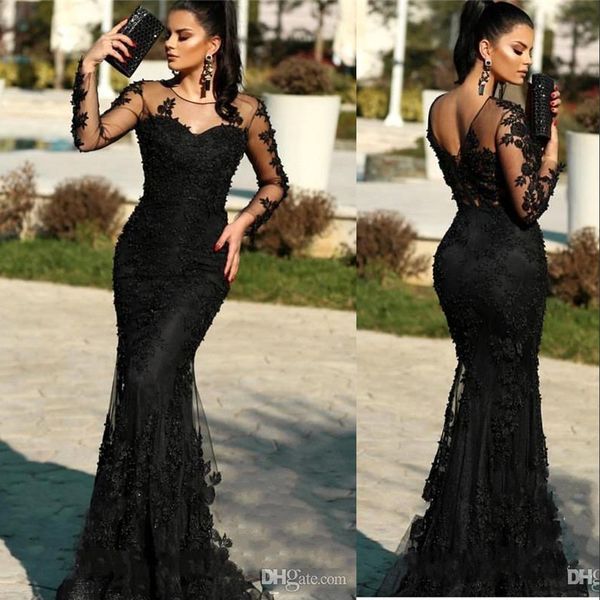 

new arabic black evening dresses wear lace appliques beads sheer long sleeves sweep train mermaid plus size celebrity party prom gowns, Black;red