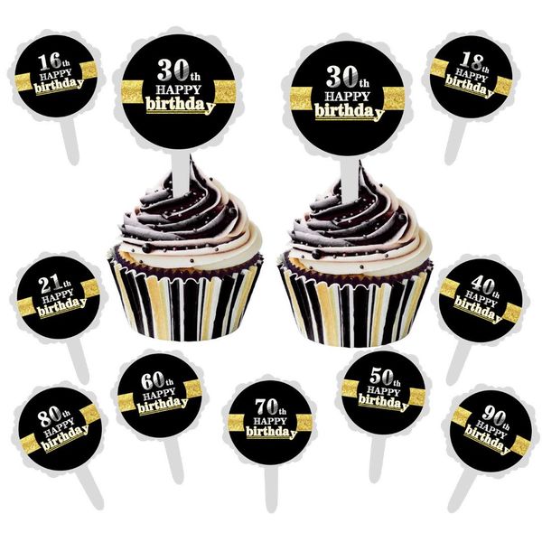 

6pcs diy 16/18/21/30/40/50/60/70/80/90 happy birthday cake ice-cream cupcake ers picks sticker birthday party decor