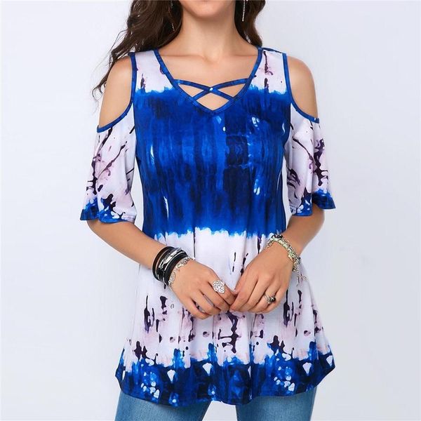 

women fashion short long sleeve tunic ladies v-neck print plus size blouse off shoulder casual t shirt women clothing, White