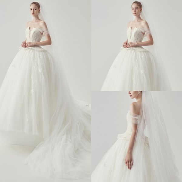 

2020 modest yl elegant ball gown off shoulder sleeveless lace up wedding dresses lace applique tulle wedding gowns sweep train bridal gowns, White