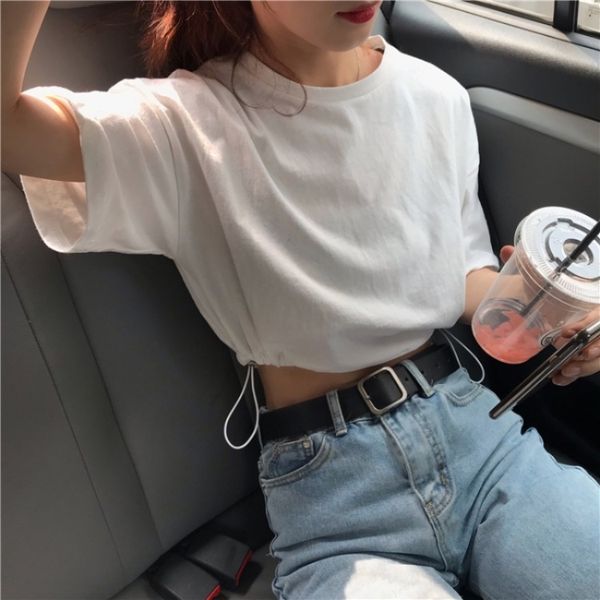 

heart female xia xiaozhong design sense drawstring jacket jacket high waist ice silk short sleeve loose short navel, White