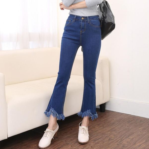 

2017 sunlight brand new high waist micro-speaker women's jeans women's elastic fringed tassels 9 points long pants jeans femme, Blue