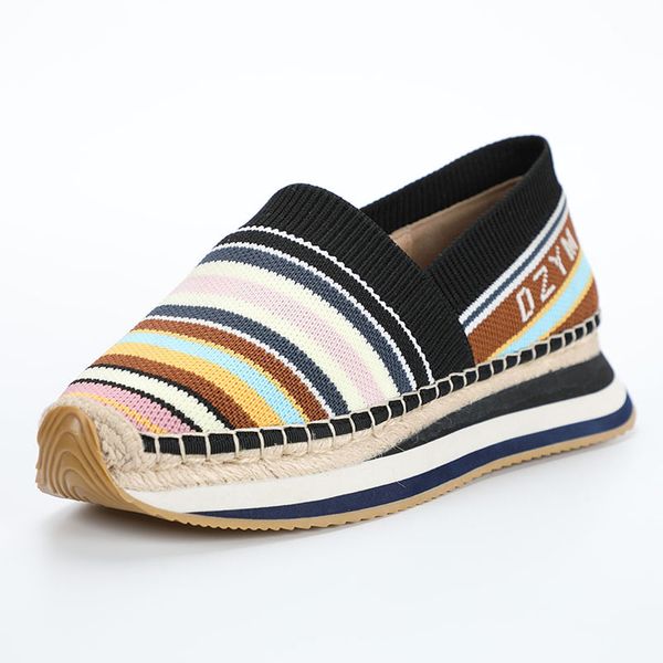 

dzym 2019 spring summer weaving colorful women platform flats braided rainbow sneakers fisherman's shoes cotton mocassins, Black