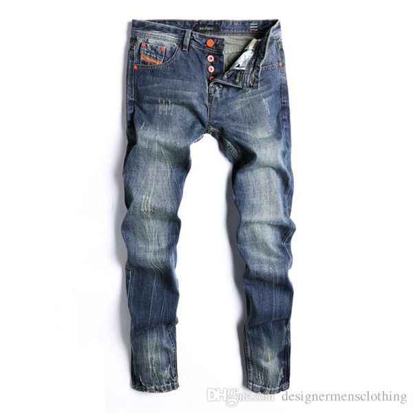 

dark blue distrressed regular mens jeans fashion button fly straight designer pants teenager casual luxury jeans
