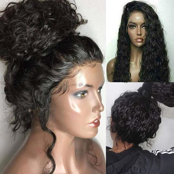 Peruca de renda frontal macia cabelo humano castanho preto sem cola longo encaracolado onda resistente ao calor peruca de renda sintética natural cabelo de bebê preto feminino pré arrancado