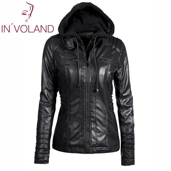

women outwears casual full-zip o neck long sleeve synthetic spring autumn leather hooded solid jacket zipper, Black