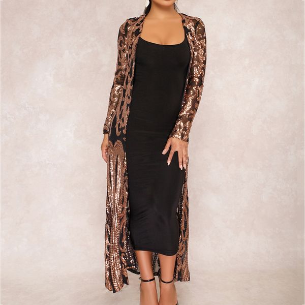 

women ladies floral pattern sequin long sleeve coat spring autumn see-through long coat, Black;brown