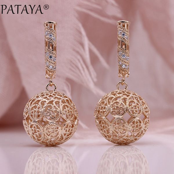 

pataya new big pattern hollow long earrings 585 rose gold women fashion jewelry white natural zircon carved unique drop earrings, Silver