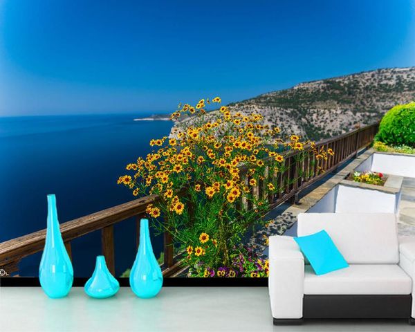 

greek coastline with blooming yellow flowers landscape 3d wallpaper,living room bedroom wall papers home decor restaurant mural