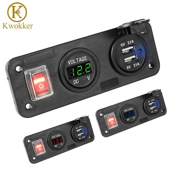 

12v car cigarette lighter socket dual usb adapter charger + digital voltmeter with no/off switch for car boat truck