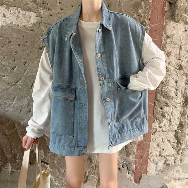 

2020 spring and autumn nea korean vintage single breasted denim jacket loose oversize tooling sleeveless vest coat female, Black;white