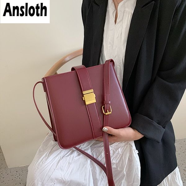 

ansloth solid color shoulder bag women special lock bag ladies pu leather square messenger female crossbody hps782