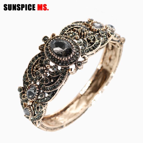 

sunspice ms fashion crystal flower women bangle antique gold color charm vintage cuff bracelets turkish accessories wholesale, Black