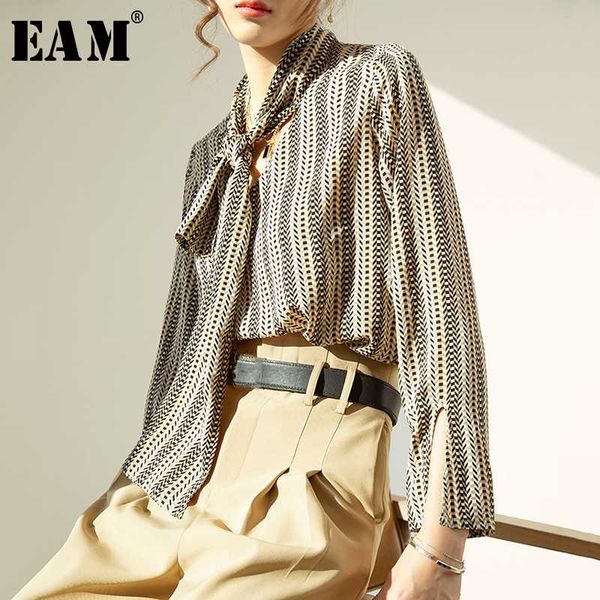 

eam] women pattern printed chiffon blouse new bow collar long sleeve loose fit shirt fashion tide spring autumn 2020 1t380, White
