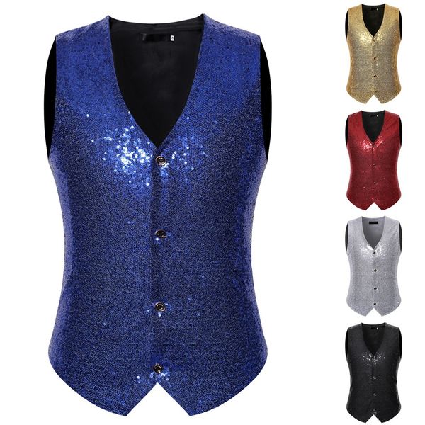 

men stylish suit blazer business wedding party button waistcoat vest blouse gold sequins single-breasted vest performance c, Black;white