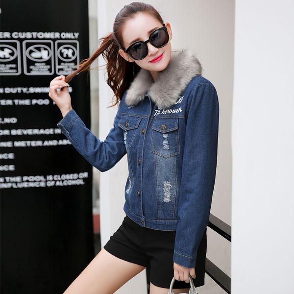 

women winter autumn denim jackets loose plus size 4xl korean warm jean coats fur collar wool liner thicker female jacket woman, Black