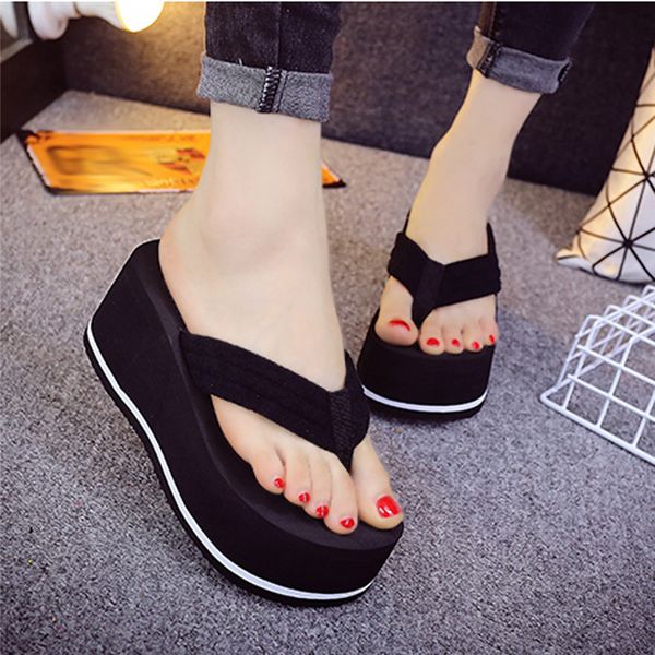 

women flip flop fashion sandwich toe wedges thick bottom slippers beach pantuflas mujer claquette femme chaussure klapki damskie, Black