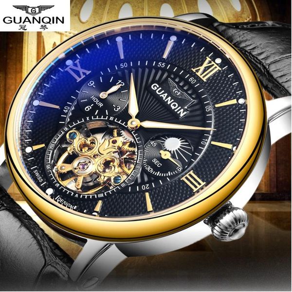 

guanqin mens watches automatic mechanical watch men casual fashion leather strap skeleton wristwatch, Slivery;brown