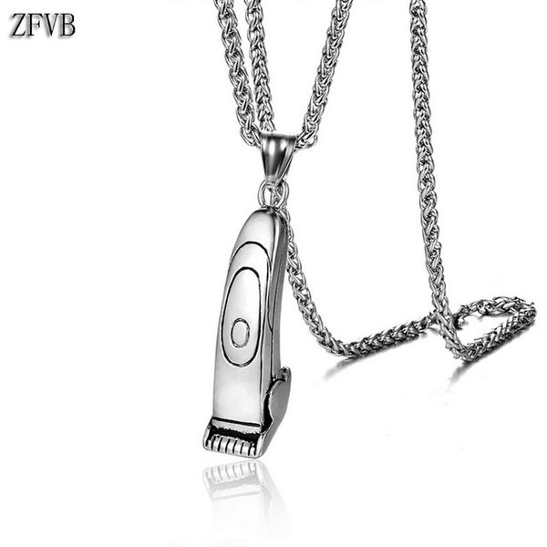 

zfvb vintage hair clipper razor necklace men jewelry 316l stainless steel punk male hairdressing tools pendant necklaces party, Silver