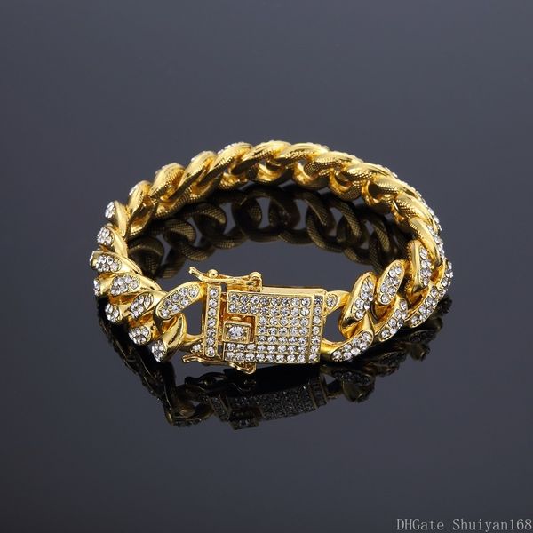 

hip hop iced out bling bracelet cz rhinestone men 12mm*20cm miami cuban punk link bracelets bangle male hiphop jewelry christmas gifts, Black