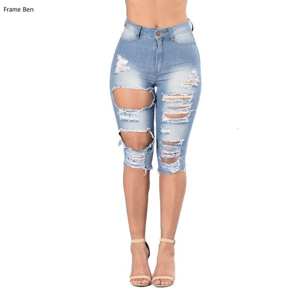 

summer 2019 women stretch ripped distressed skinny high waist denim pants tassel keen length jeans plus size, Blue