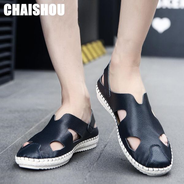 

chaishou 2019 spring summer men's casual shoes outdoor shoes big size leather baotou sandals zapatilla hombre b-260, Black