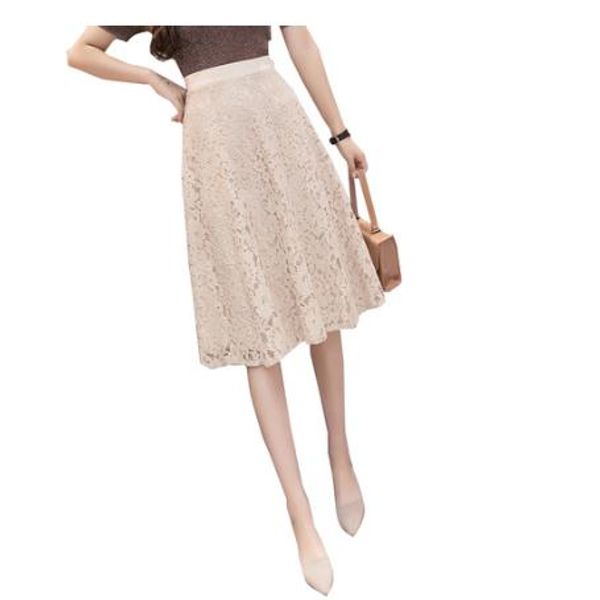 

women skirt spring summer skirts womens office lady elegant lace skirt high waist a line midi knee length jupe femme lj545, Black