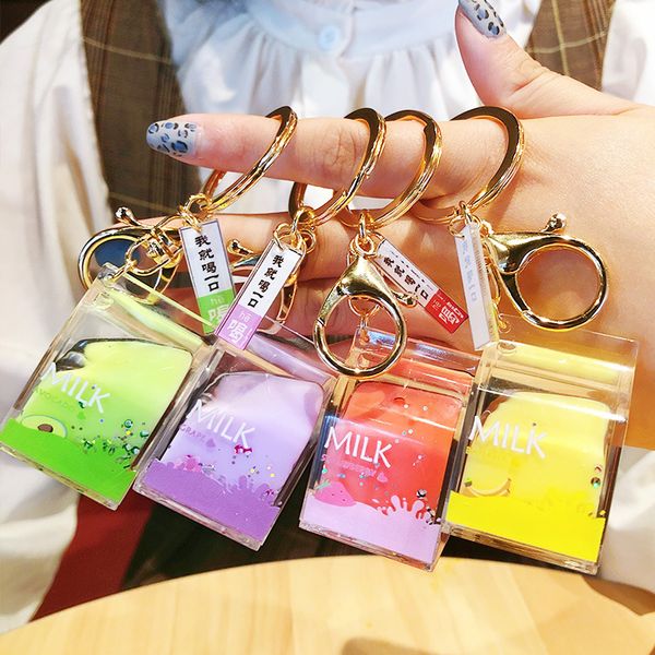 

fashion dairy cow milk drinks acrylic keychain fruit milk moving liquid keyrings decompression drift bottle key chain gifts, Silver