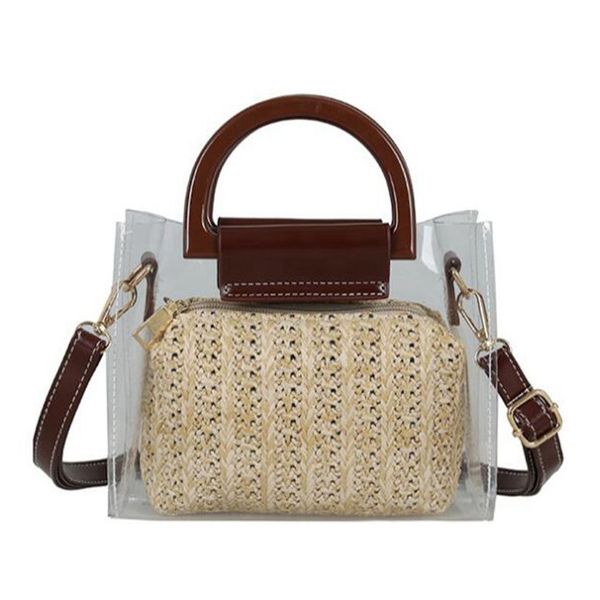 

women clear bags summer straw crossbody shoulder bags two piece women transparent handbag clutch purse