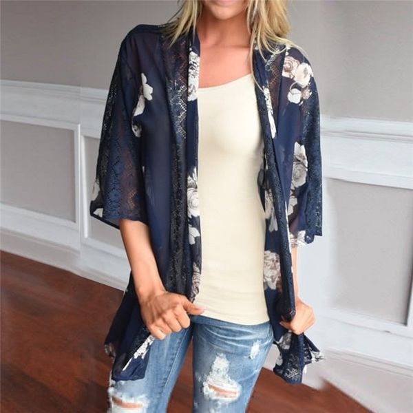 

floral print coat women beach chiffon loose shawl kimono cardigan cover blouse roupas abrigo mujer fashion 2019 dropship l#12, Tan;black
