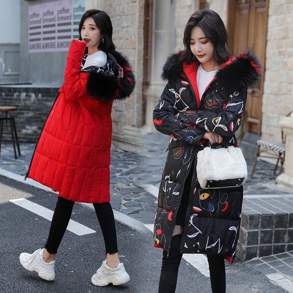 

double-sided wear cotton-padded clothes female winter new style thick bread cotton coat mid-length large fur collar chic hong ko, Blue;black