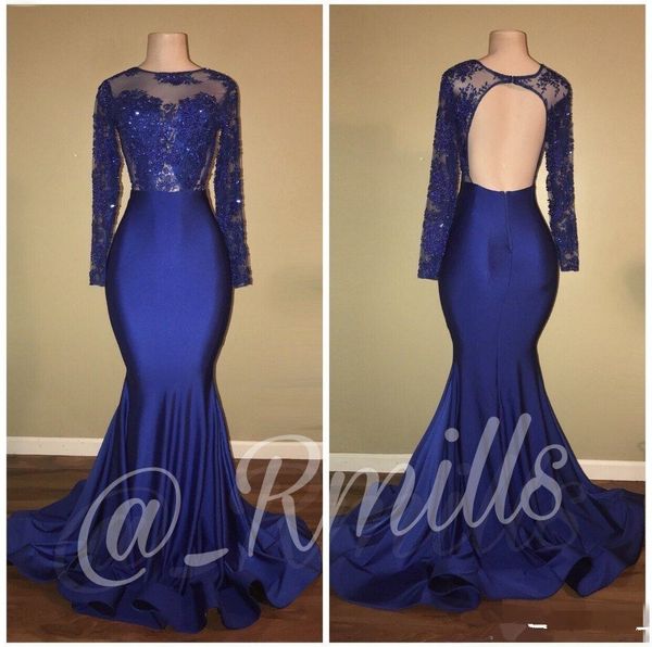 

royal blue evening gowns sheer neck lace trumpet formal prom occasion dresses mermaid long sleeve peplum party celebrity, Black