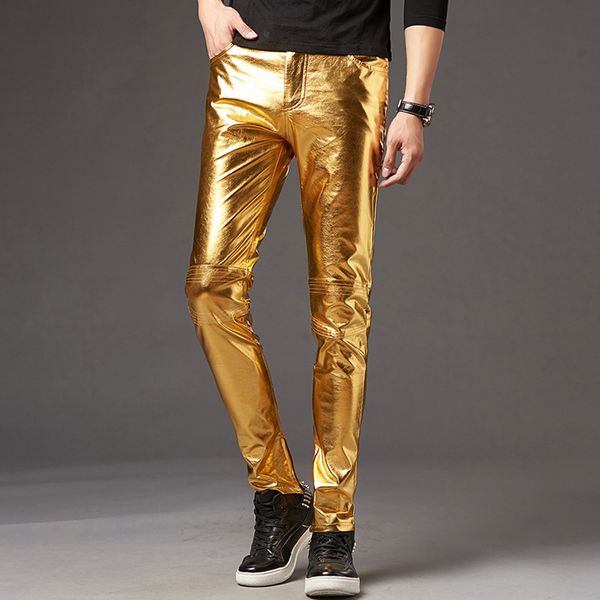 

men's slim pu leather glossy trousers male tight solid color long pants stretch clubwear performing costume new arriving, Black