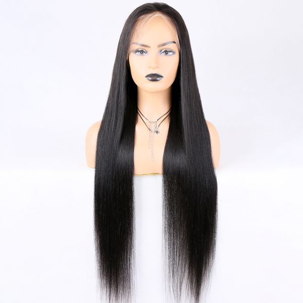 

360 lace wig brazilian remy human hair 30 inch natural color yaki straight 150% desity bleached knots pre-plucked hairline with babyhair, Black;brown
