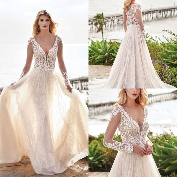 

charming long sleeve wedding dresses v neckline beach wedding gowns lace applique a line boho bride dress, White