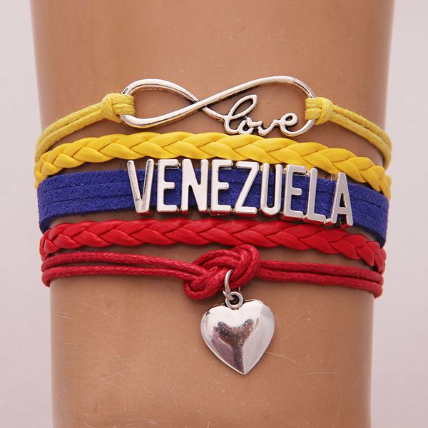 

infinity love venezuela bracelets flag color jewelry heart charm bangle wrap rope handmade silver braided leather bracelets vzla, Golden;silver