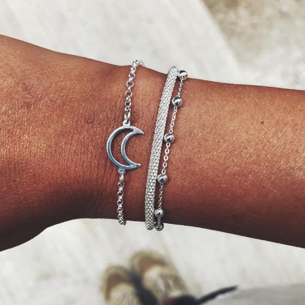

bohemian beads chain bracelets bangles for women fashion moon silver color chain bracelets sets jewelry gifts 3pc/set classic, Black