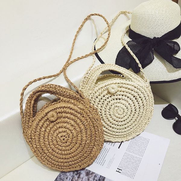 

vintage round straw woven purse bag summer beach vacation crossbody bags for women lining shoulder fashion totes