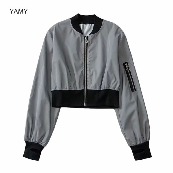 

new womens reflective jacket long sleeved thin bomber jacket punk style rockroll chic shining coat zipper outwear 2019, Black;brown