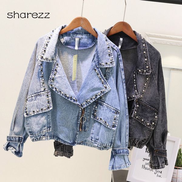 

2019 rivet beading pockets women short denim jacket zipper placket female loose coat 2019 autumn winter new cool outfit outwear, Black;brown