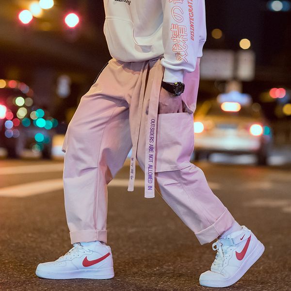

men joggers hip hop harem streetwear pants ribbons letter embroidery casual trousers popular pink cargo pants, Black