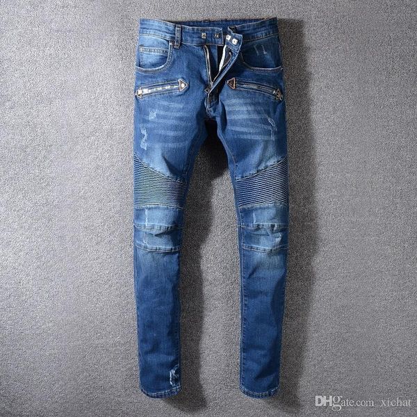 

mens fold skinny classic blue jeans fashion designer pleated panelled zipper slim fit motorcycle biker hip hop denim pants 1056