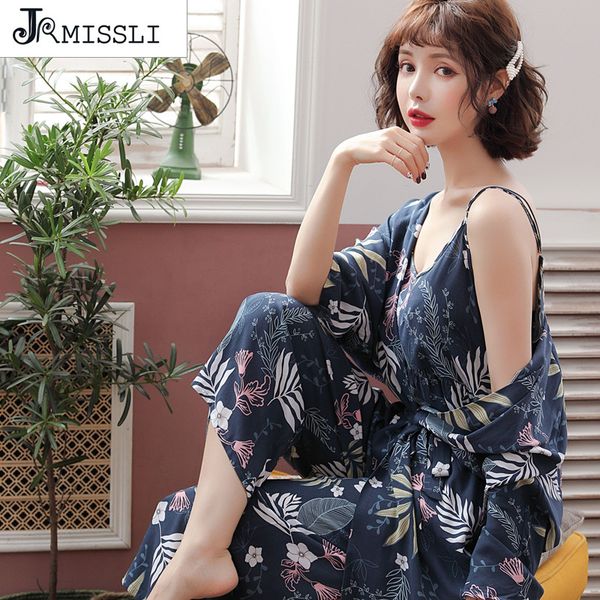 

jrmissli new autumn pyjama femme cotton warm pijamas mujer clothes long sleeve soft 3 piece set pajamas for women, Blue;gray