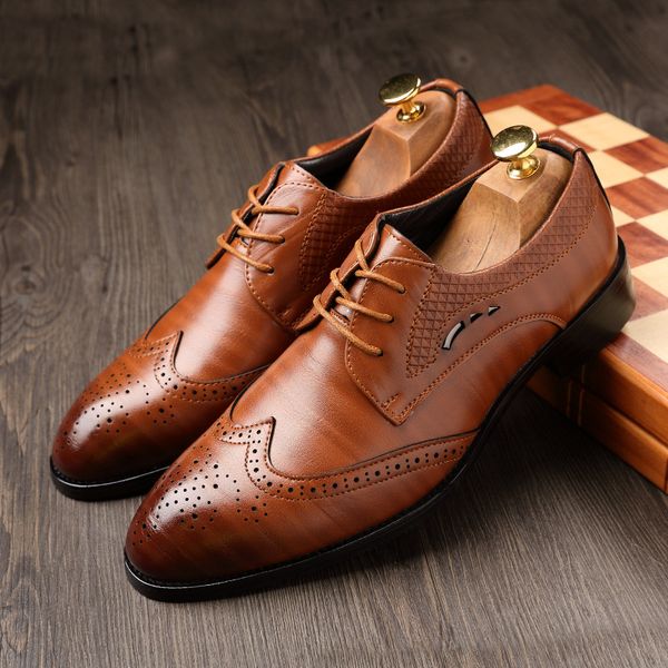 

men derby brogues shoes blue black brown leather shoes lace-up pointed toe carved wing tip men